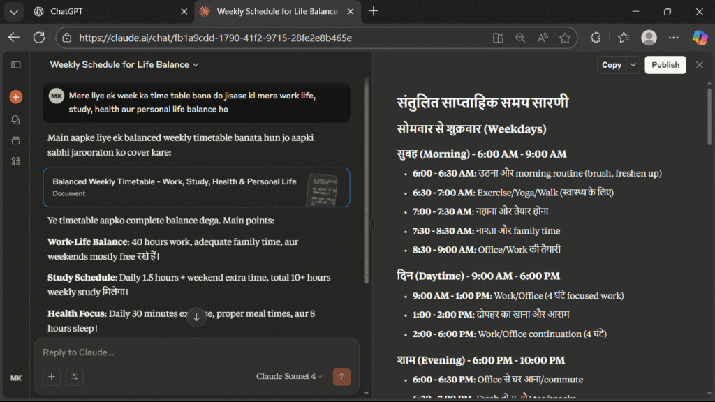 This image is showing time table made by Claude 4, Now you can compare Which is better, ChatGPT 5 vs Claude 4