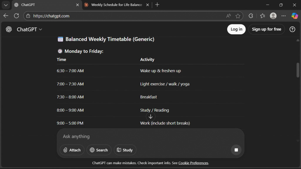 Showing Time table Made by user in interface of ChatGPT 5