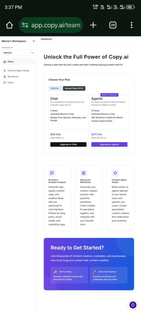 Image show the Price plan of copy ai, you can confirm there is no free plan in copy ai
