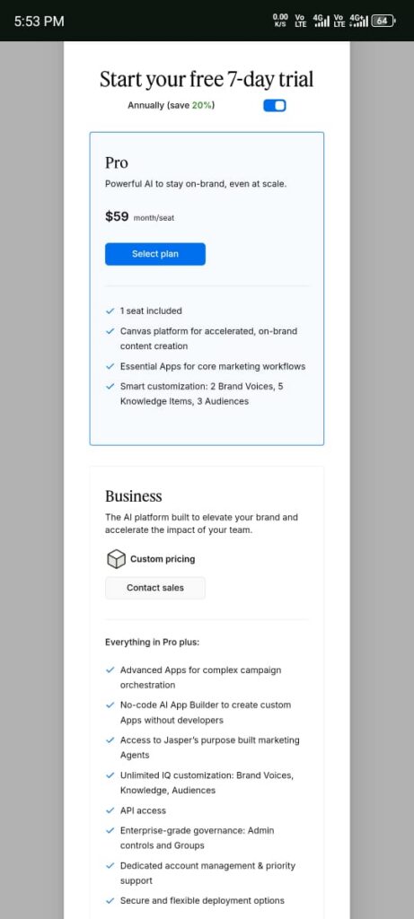 In this image, Jasper AI says there is no free plan if you want 7 days free trial use plan $59/month.