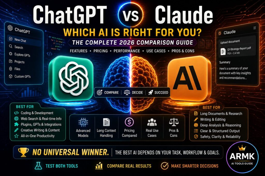 ChatGPT vs Claude comparison guide showing features, use cases, pricing, and practical differences