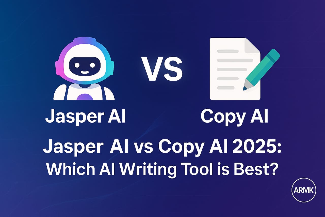 Jasper AI vs Copy AI 2025 – Which AI writing tool is best comparison with ARMK branding.