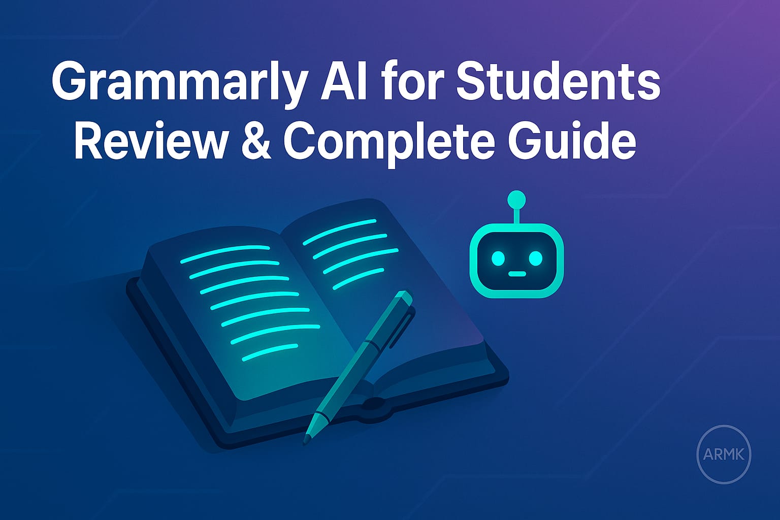 Grammarly AI for Students review and complete guide – feature image with book, pen, AI icon and ARMK branding