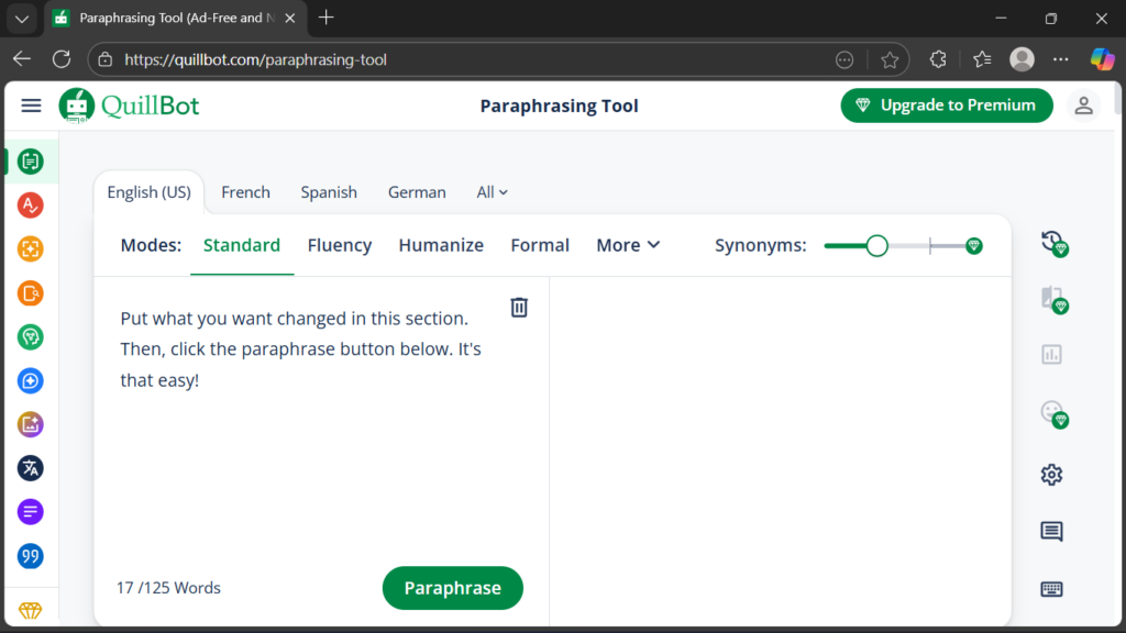 Interface of QuilBot's Paraphrasing Tool