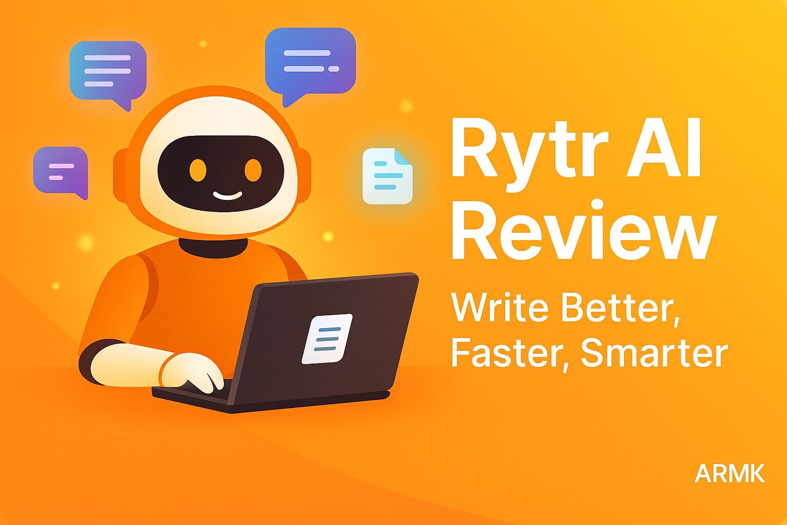 Rytr AI review feature image showing a friendly AI assistant writing on laptop, symbolizing faster and smarter content creation.