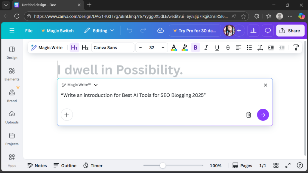 canva-magic-write-interface Screenshot of Canva AI Magic Write interface showing the prompt box where users can type commands like “Write blog intro about AI tools.”