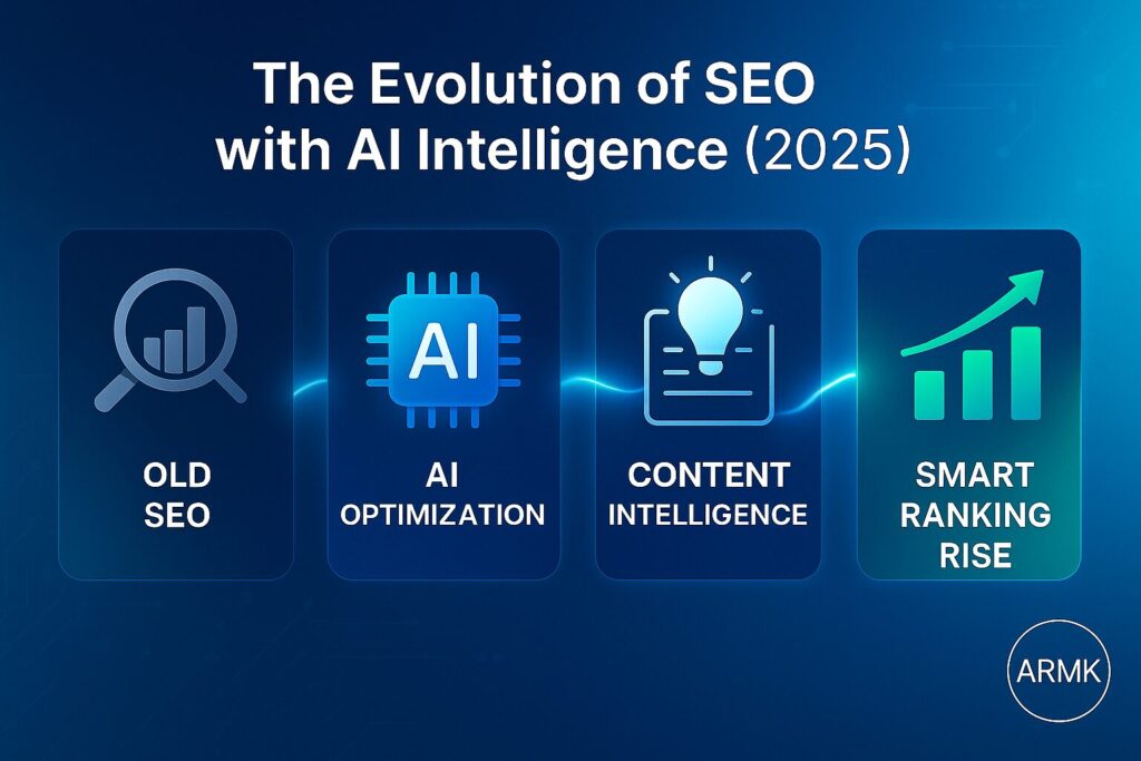 ai-seo-evolution-2025.webp AI SEO evolution 2025 infographic showing transformation from old SEO to AI optimization and smart ranking growth – ARMK branding