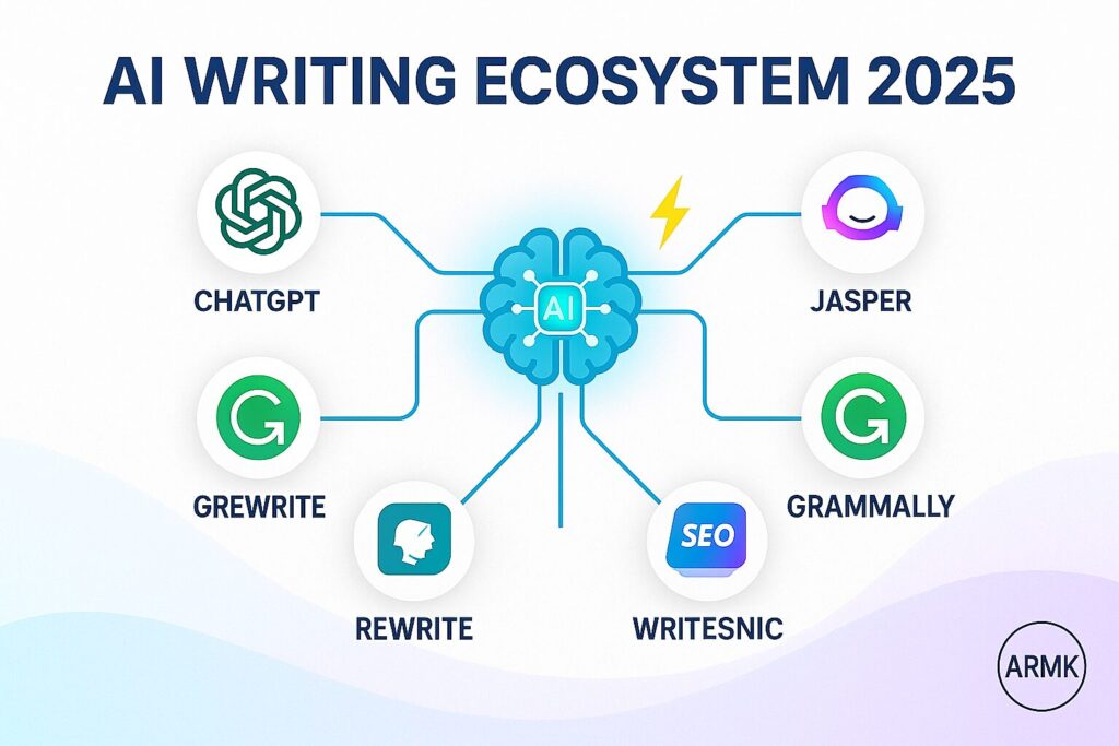 file_00000000193c61fa8fbfce7c0806b0b8 AI Writing Ecosystem 2025 infographic showing ChatGPT, Jasper, Grammarly, Writesonic, and QuillBot connected to central AI brain – ARMK watermark