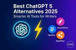 Best ChatGPT 5 Alternatives 2025 banner showing AI icons like SmartWriter, TextPro, and IdeaFlow with ARMK branding – Smarter AI tools for writers
