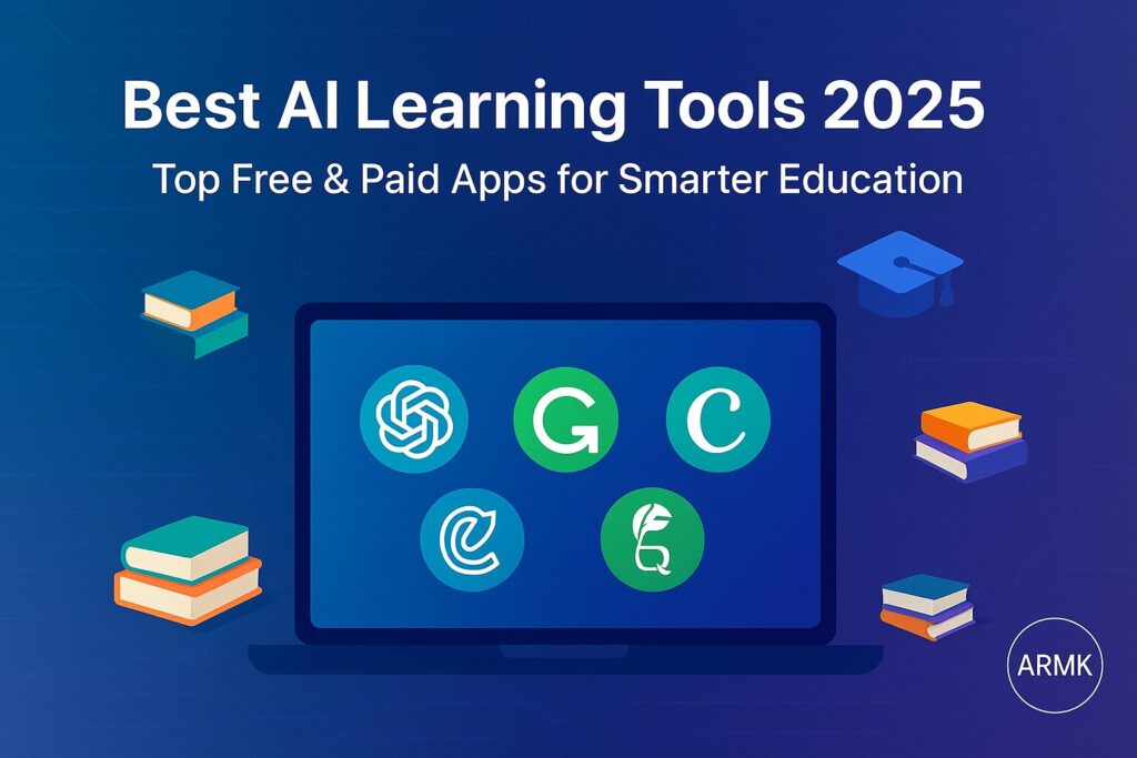 file_00000000358c61fa90f0204cf0a643ef Best AI Tools for students 2025 – Top Free & Paid Apps for Smarter Education (Laptop with popular AI tool logos like ChatGPT, Grammarly, Canva, QuillBot)