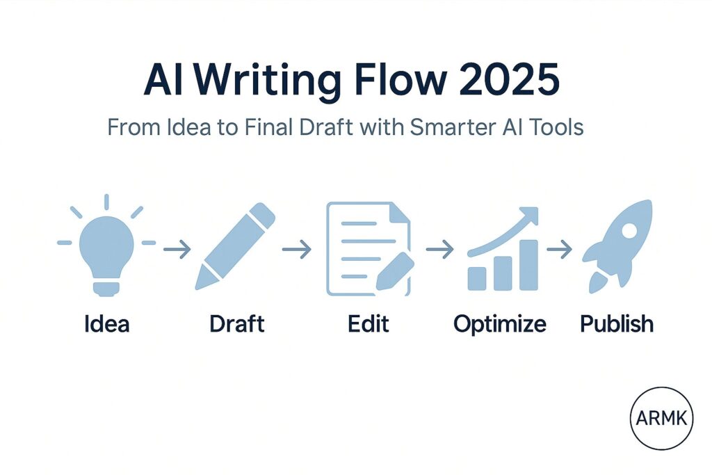 ai-writing-flow-2025.webp AI writing workflow infographic showing five steps – idea, draft, edit, optimize, and publish – with ARMK branding