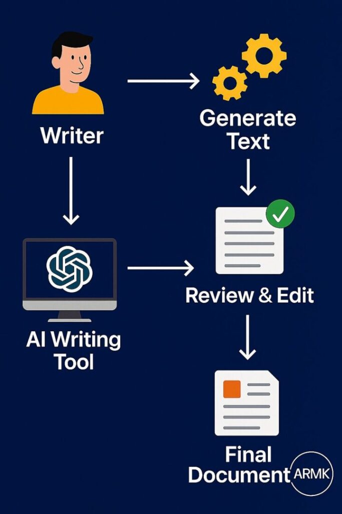 file_00000000ff2861fda77a724e96b52a41 AI writing workflow infographic showing writer, AI tool, generate text, review & edit, and final document steps – ARMK branding