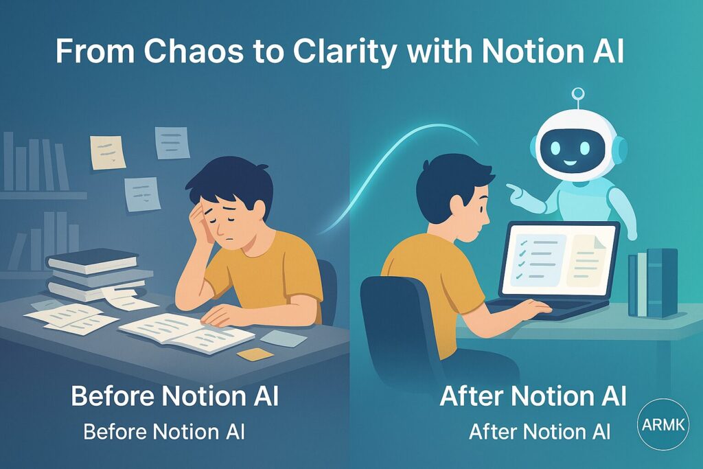 from-chaos-to-clearity-with-notion-ai Comparison illustration showing before and after using Notion AI — a stressed student surrounded by messy notes versus a calm student using AI to organize and study efficiently.