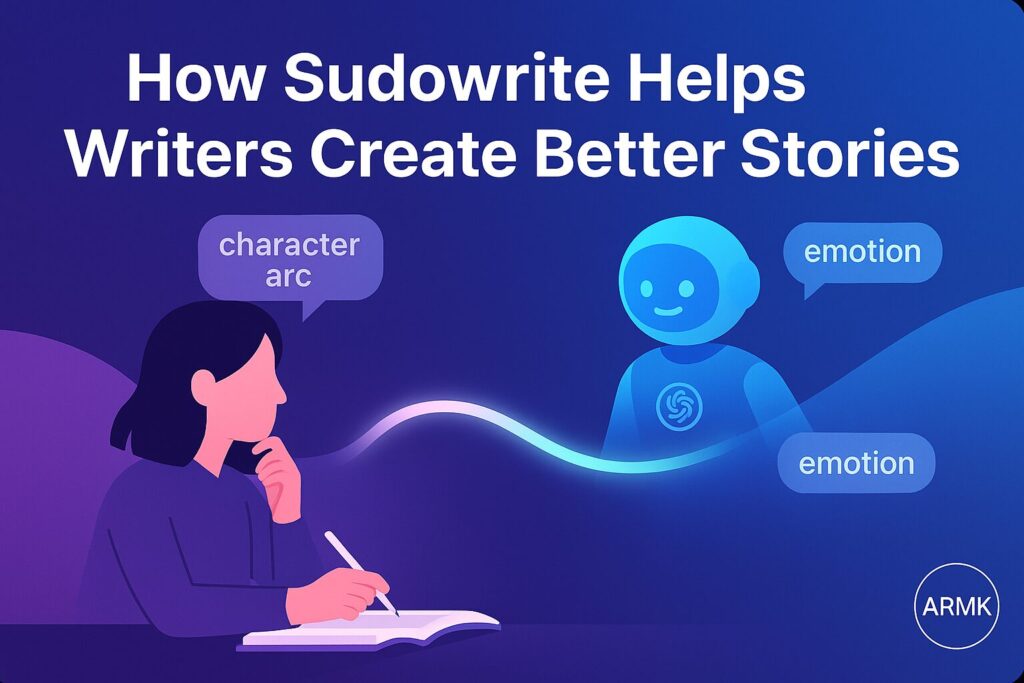 how-sudowrite-helps-writers-create-better-stories Illustration of a writer brainstorming with AI assistant providing emotional and character feedback for storytelling.