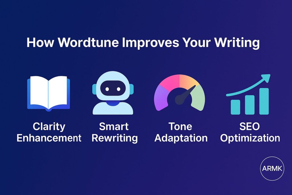how-wordtune-improves-writing.webp How Wordtune improves writing with clarity enhancement, smart rewriting, tone adaptation, and SEO optimization icons.