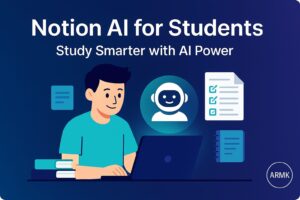 Illustration of a student using Notion AI for students on a laptop with an AI assistant, symbolizing how learners can study smarter with AI-powered tools.