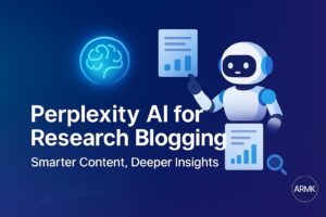 Perplexity AI for Research Blogging illustration showing an AI robot helping bloggers create smarter content with deeper insights.