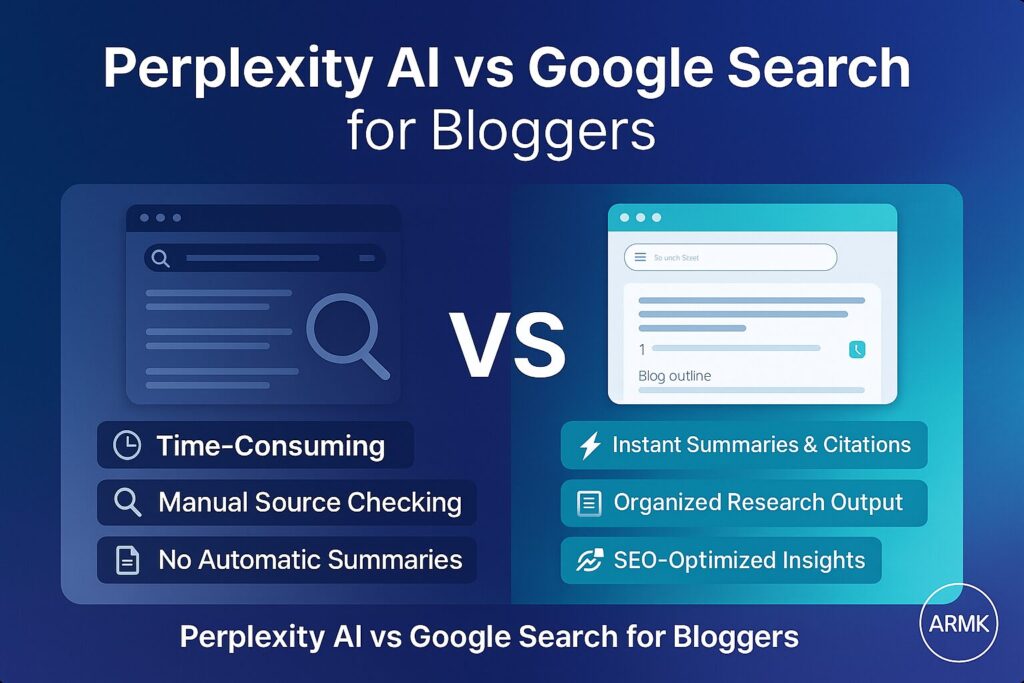 perplexity-ai-vs-google-search-bloggers.webp Comparison between Perplexity AI and Google Search showing how AI saves bloggers time with instant summaries and SEO-ready insights.