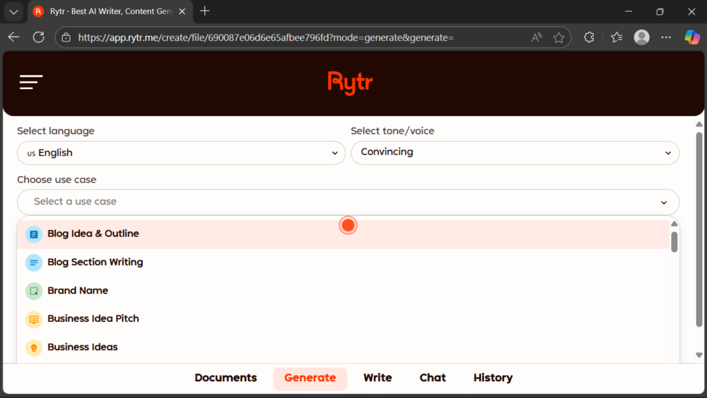 Rytr AI Dashboard – Blog Idea & Outline Use Case Rytr AI dashboard showing language, tone, and use case selection screen with Blog Idea & Outline option highlighted.