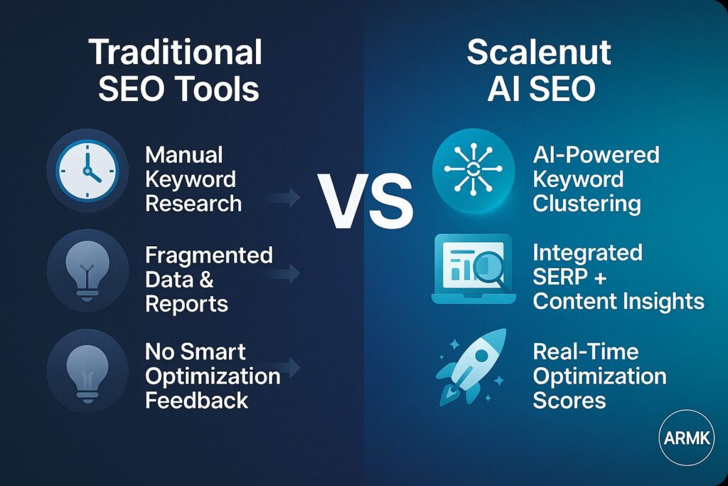 Scalenut vs Traditional SEO Tools – AI SEO Comparison Comparison infographic showing Traditional SEO Tools vs Scalenut AI SEO with features like keyword clustering and real-time optimization.
