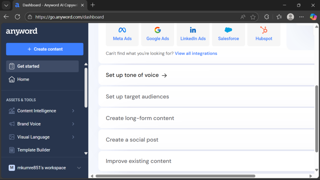 Anyword AI Dashboard Overview Content Creation & Optimization Tools Screenshot of the Anyword AI dashboard showing options to create and optimize marketing content, including tone of voice, target audiences, and social posts.