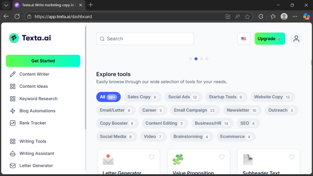 Texta AI Dashboard – Explore AI Writing & Content Tools Screenshot of Texta AI dashboard showing content writer, keyword research, and blog automation tools for creators.