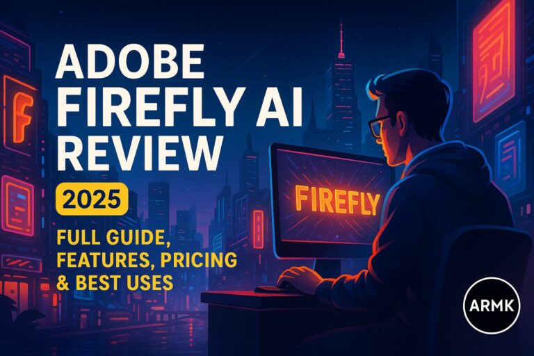Illustration of a person using Adobe Firefly AI on a computer with neon city background, feature image for Adobe Firefly AI Review 2025
