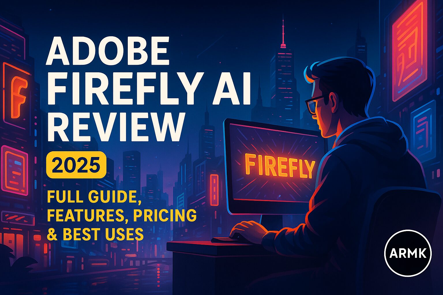 Illustration of a person using Adobe Firefly AI on a computer with neon city background, feature image for Adobe Firefly AI Review 2025