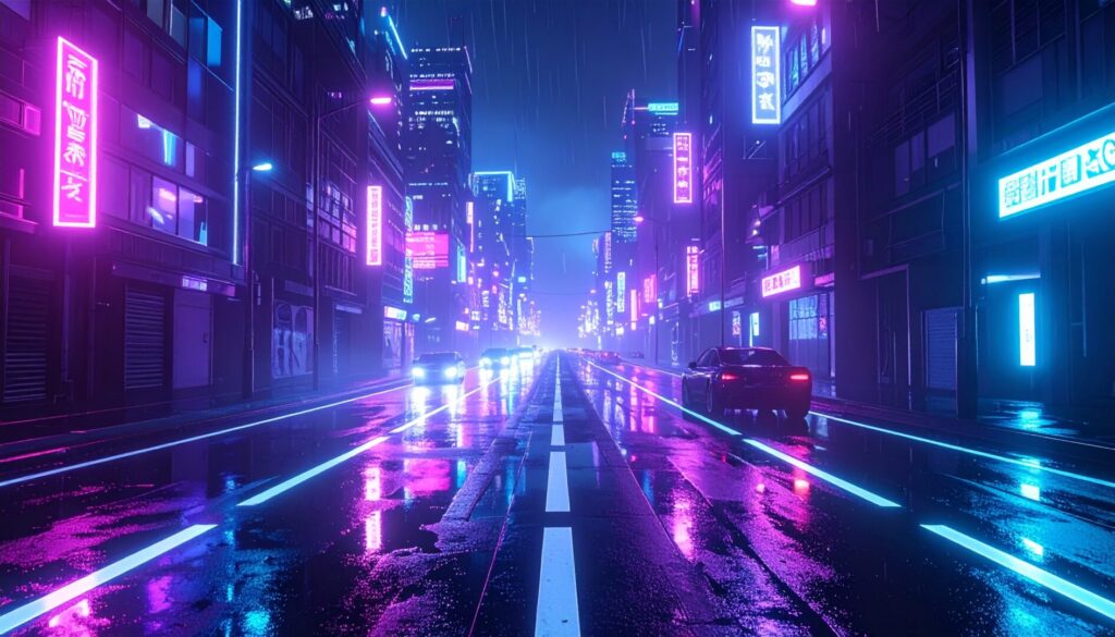 adobe-firefly-cyberpunk-sample-2026 Cyberpunk neon street scene generated using Adobe Firefly with glowing purple-blue lights and reflective wet road.