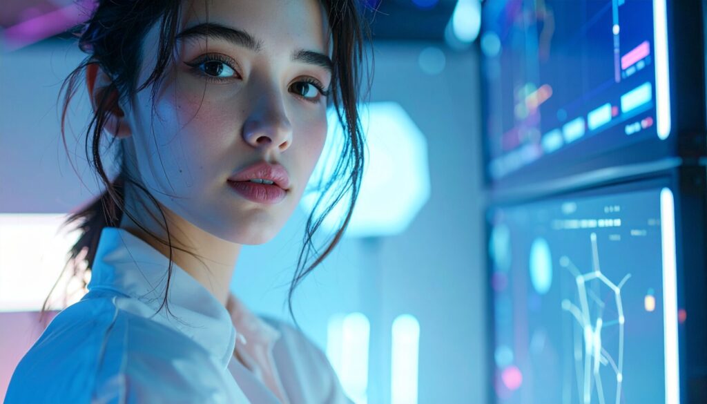 AI-generated portrait of a digital creator in a modern studio with neon screens — sample output created using a top AI image generator in 2026.