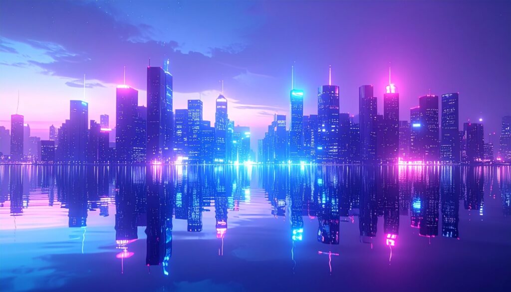 Neon futuristic city skyline with reflections on water created using Adobe Firefly Image 4 digital art mode