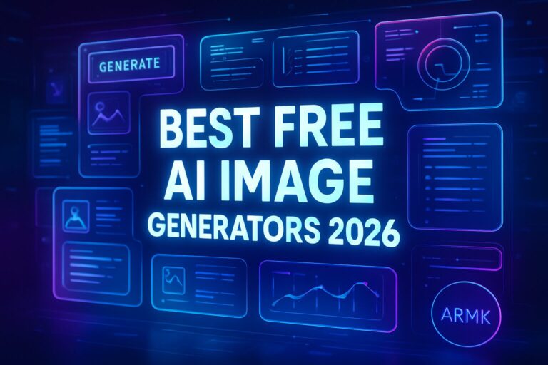Best free AI image generators 2026 neon-style featured graphic showing futuristic UI panels and digital design elements
