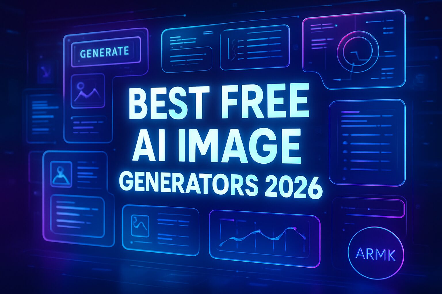 Best free AI image generators 2026 neon-style featured graphic showing futuristic UI panels and digital design elements