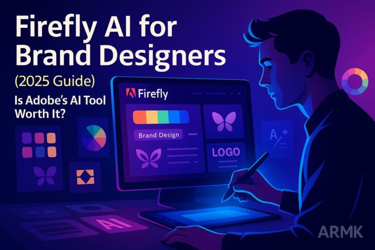 Illustration of a designer using Adobe Firefly for brand design on a computer screen, representing the Firefly AI for Brand Designers guide