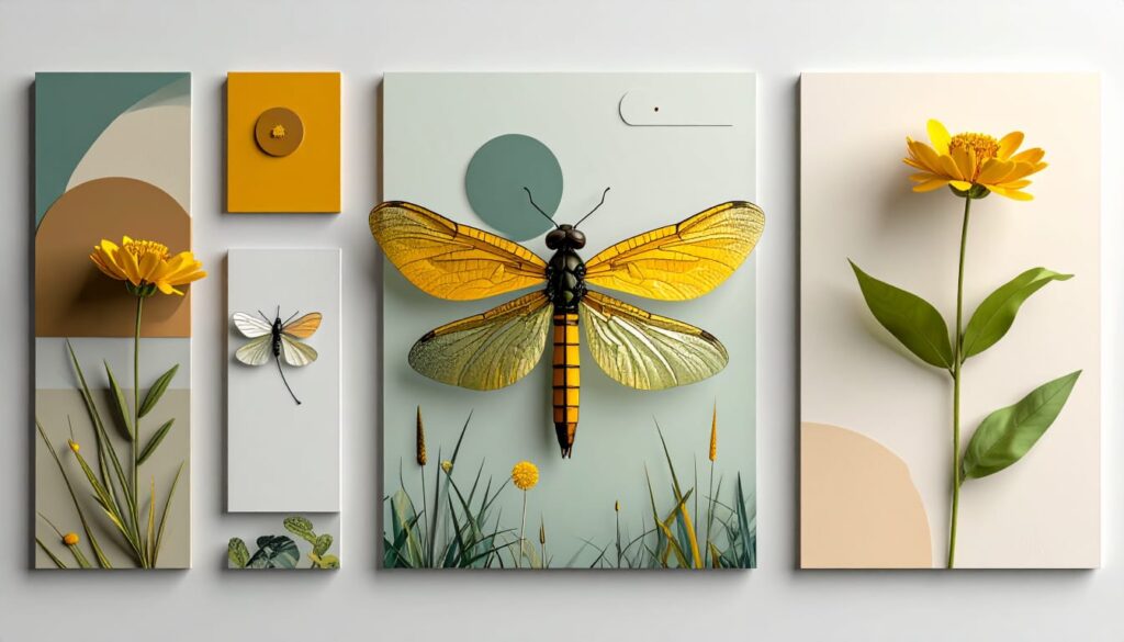 Adobe Firefly Branding Board Layout Sample Branding board layout with dragonfly illustration, color palette blocks, and geometric shapes generated using Adobe Firefly image 4 model