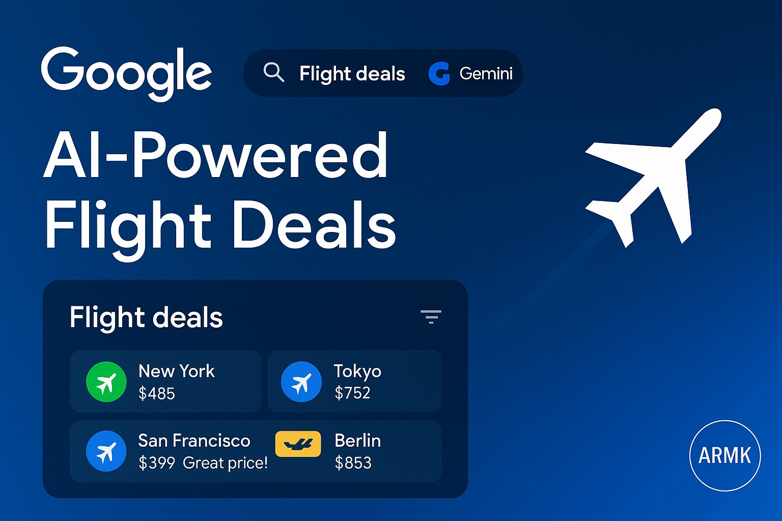 Futuristic Google Search interface showing Gemini AI-powered Flight Deals tool with travel results and airplane icons.