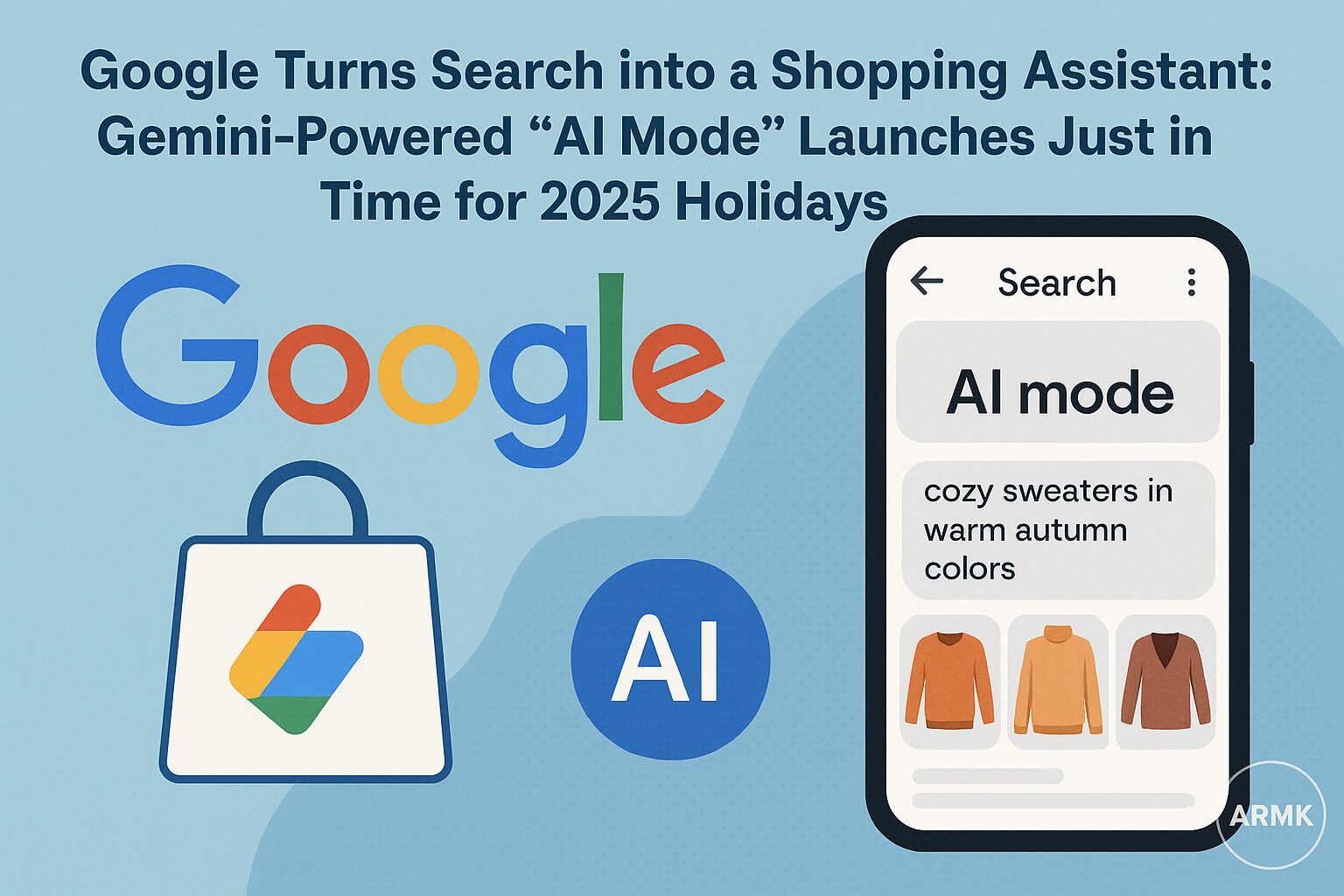 Google’s new Gemini-powered AI Mode in Search showing shopping assistant features for the 2025 holiday season on a smartphone screen.