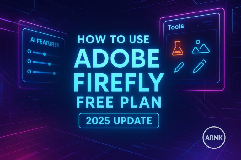 Neon tech-style feature image showing “How to Use Adobe Firefly Free Plan – 2025 Update” with AI features and tools icons, ARMK watermark.