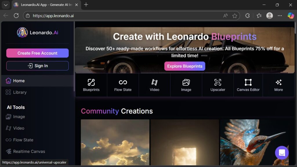 Leonardo AI Dashboard 2025 – Explore Blueprints, Image Tools & Canvas Editor Screenshot of Leonardo AI dashboard showing Blueprints, Flow State, Video, Image, and Canvas Editor tools for AI content creation in 2025.