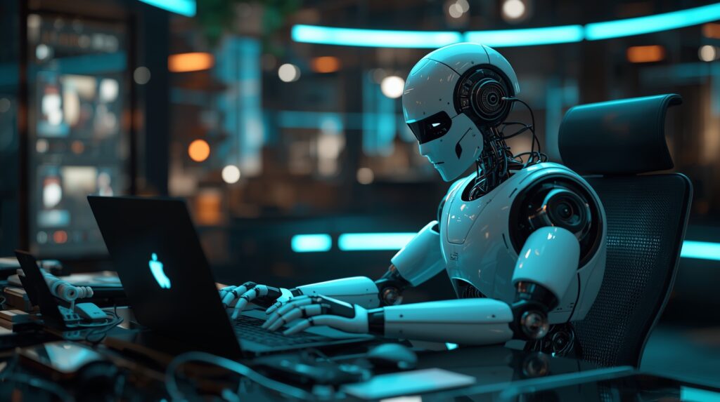 Leonardo AI Thumbnail Sample — Robot Creator (Lucid Model) YouTube thumbnail-style image generated with Leonardo AI showing an AI robot creator working on a laptop in a blue-teal futuristic studio.