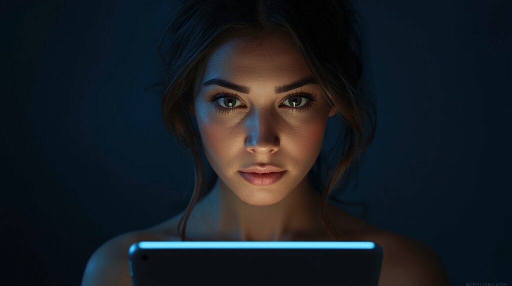 Leonardo AI Realistic Portrait Sample (2026) Ultra-realistic cinematic portrait generated using Leonardo AI showing detailed facial lighting and glowing tablet.