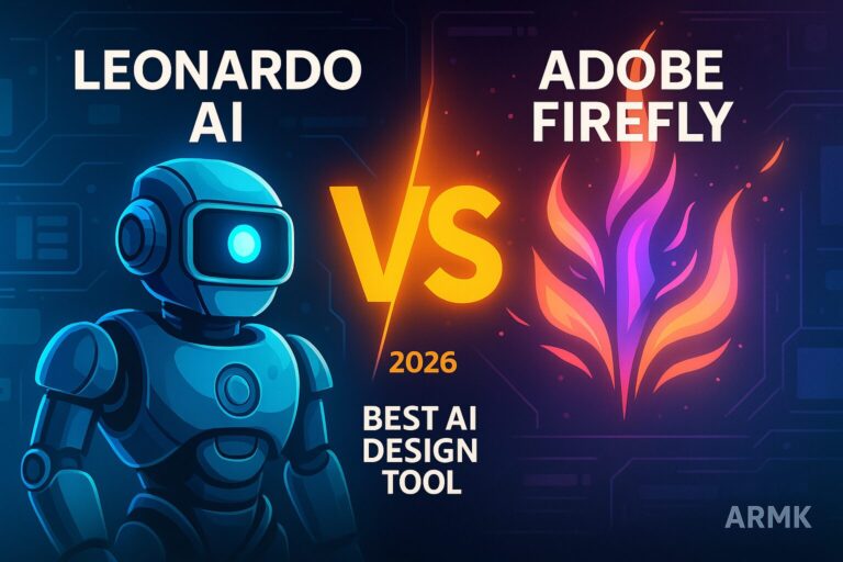 Leonardo AI vs Adobe Firefly 2026 comparison — best AI design tool illustrated with robot and firefly flame graphic