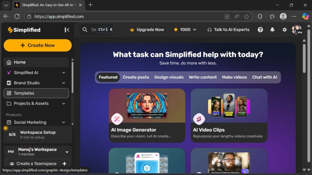 simplified-ai-writer-dashboard-2025 Simplified AI Writer dashboard 2025 – showing AI content creation tools, templates, and workspace overview for bloggers and content creators.