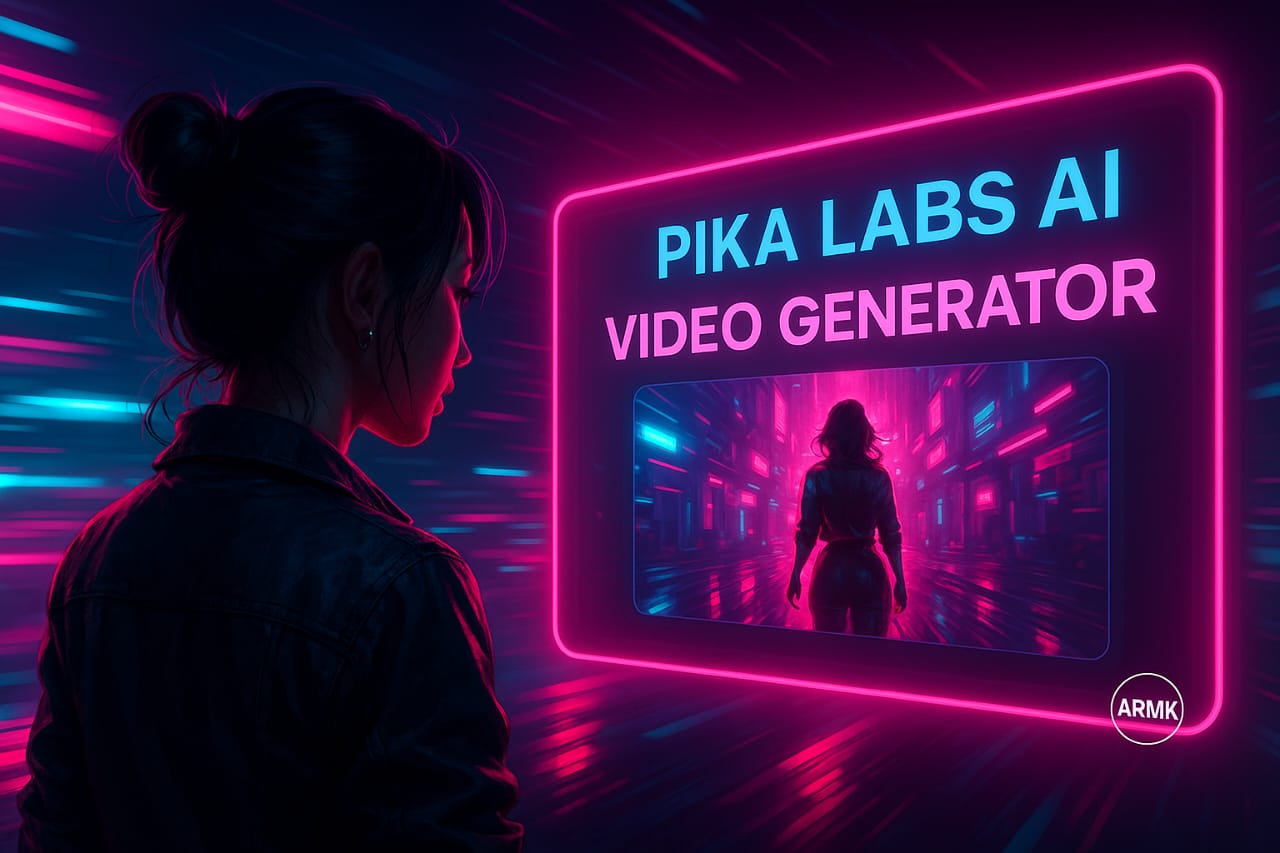 A cinematic neon-style illustration of a female creator using Pika Labs AI video generator, glowing cyberpunk interface, ARMK branding.