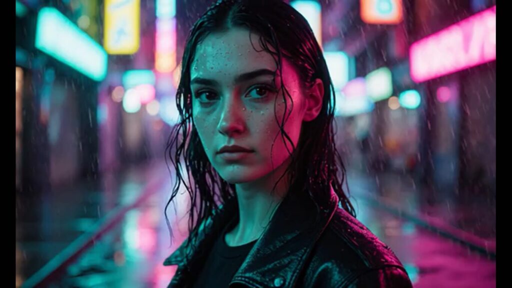 Cinematic cyberpunk frame generated using Pika Labs AI — neon lights and rain reflections.