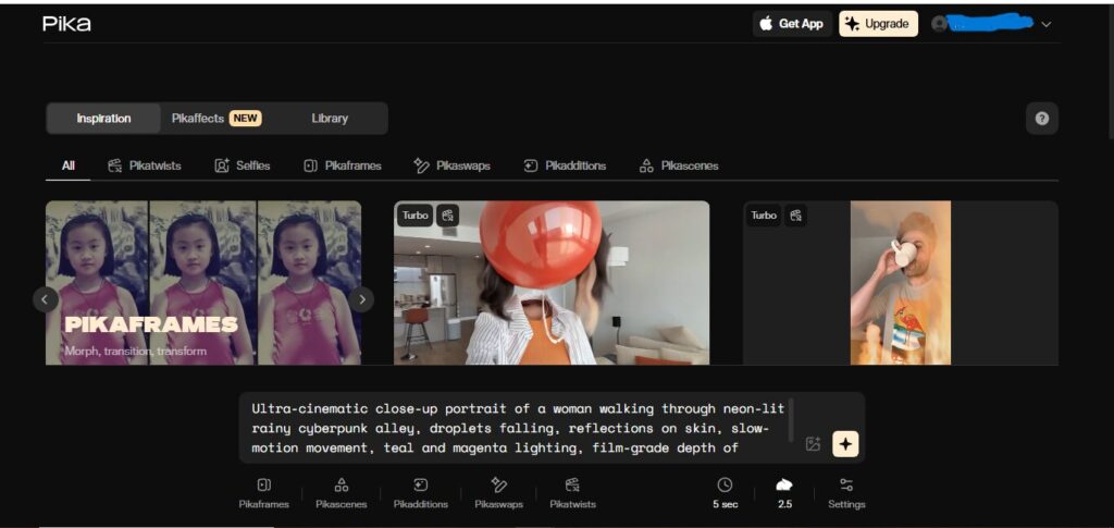 Pika Labs dashboard interface showing text-to-video generation tools.