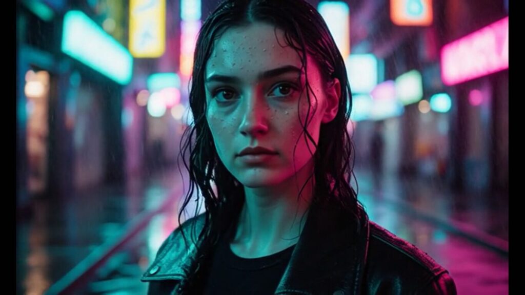 Motion-blur action frame from a Pika Labs AI video — running subject in neon alley.