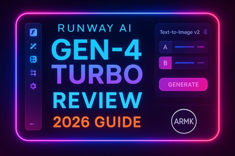 Runway Gen-4 Turbo Review 2026 featured image with neon UI design and ARMK watermark.