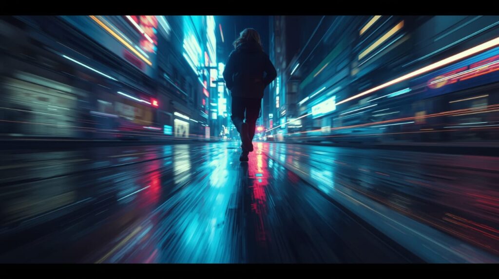 runway-gen4-turbo-sample-motion-scene-2025-armk Runway Gen-4 Turbo sample showing a cinematic motion-blur running scene with neon reflections.