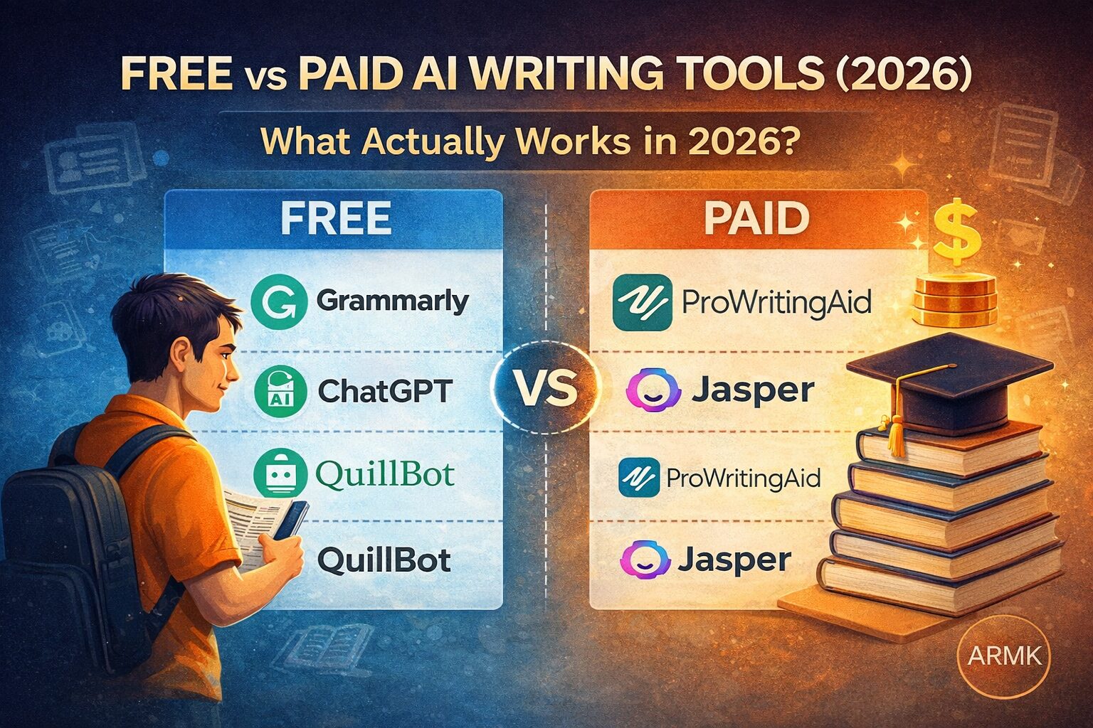 Free vs paid AI writing tools comparison for students in 2026 showing Grammarly, QuillBot, ChatGPT and ProWritingAid